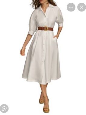 Donna Karan Belted A Line Midi Satin Cotton Dress  NWT. Sz 6